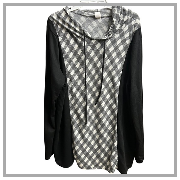 Sew In Love Tops - Sew In Love‎ Women's Black White Gingham Cowl Neck Hoodie Plus Size 3X